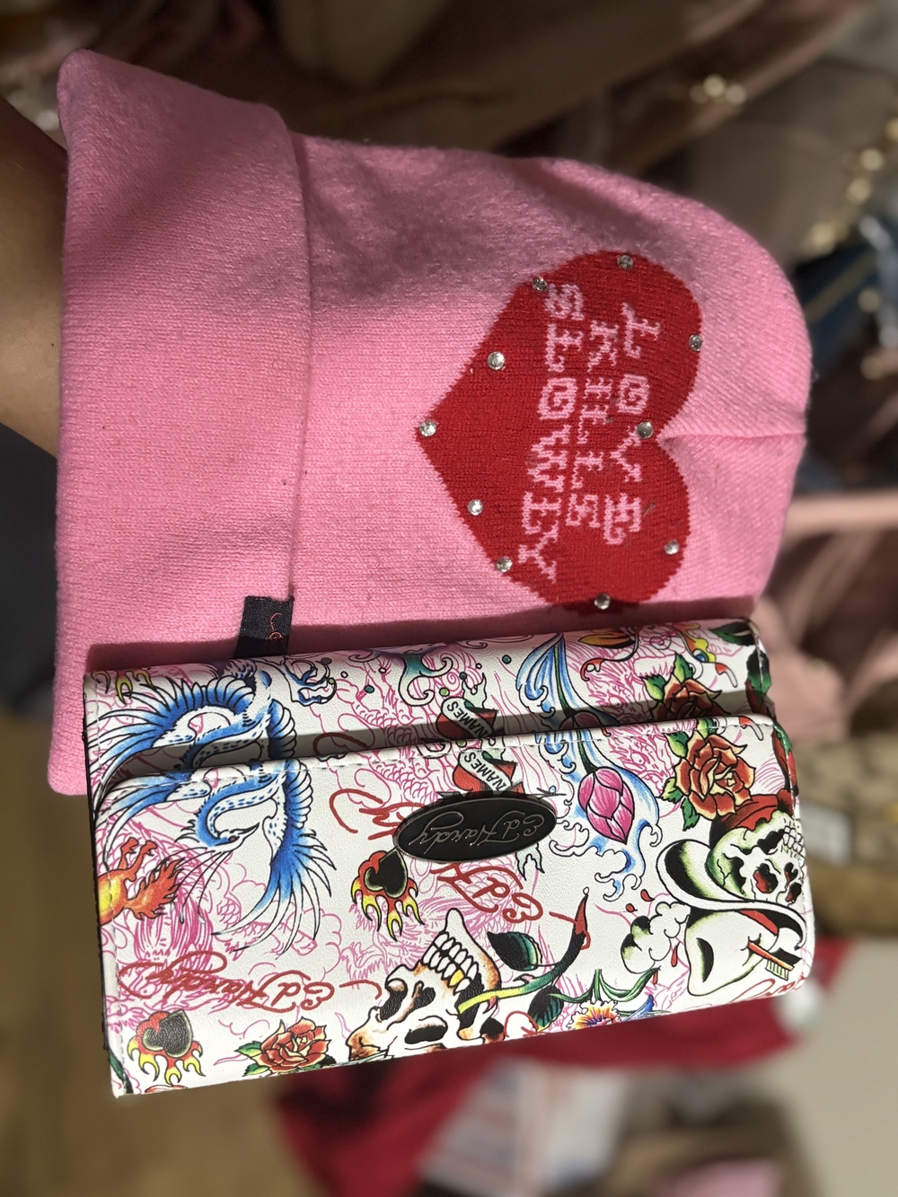 Ed Hardy Pink Beanie with Multicolor Tattoo-Print Wallet Bundlr